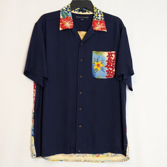 TOMMY HILFIGER Navy Blue Hawaiian Short Sleeve Button Shirt; Size M - Picture 2 of 5